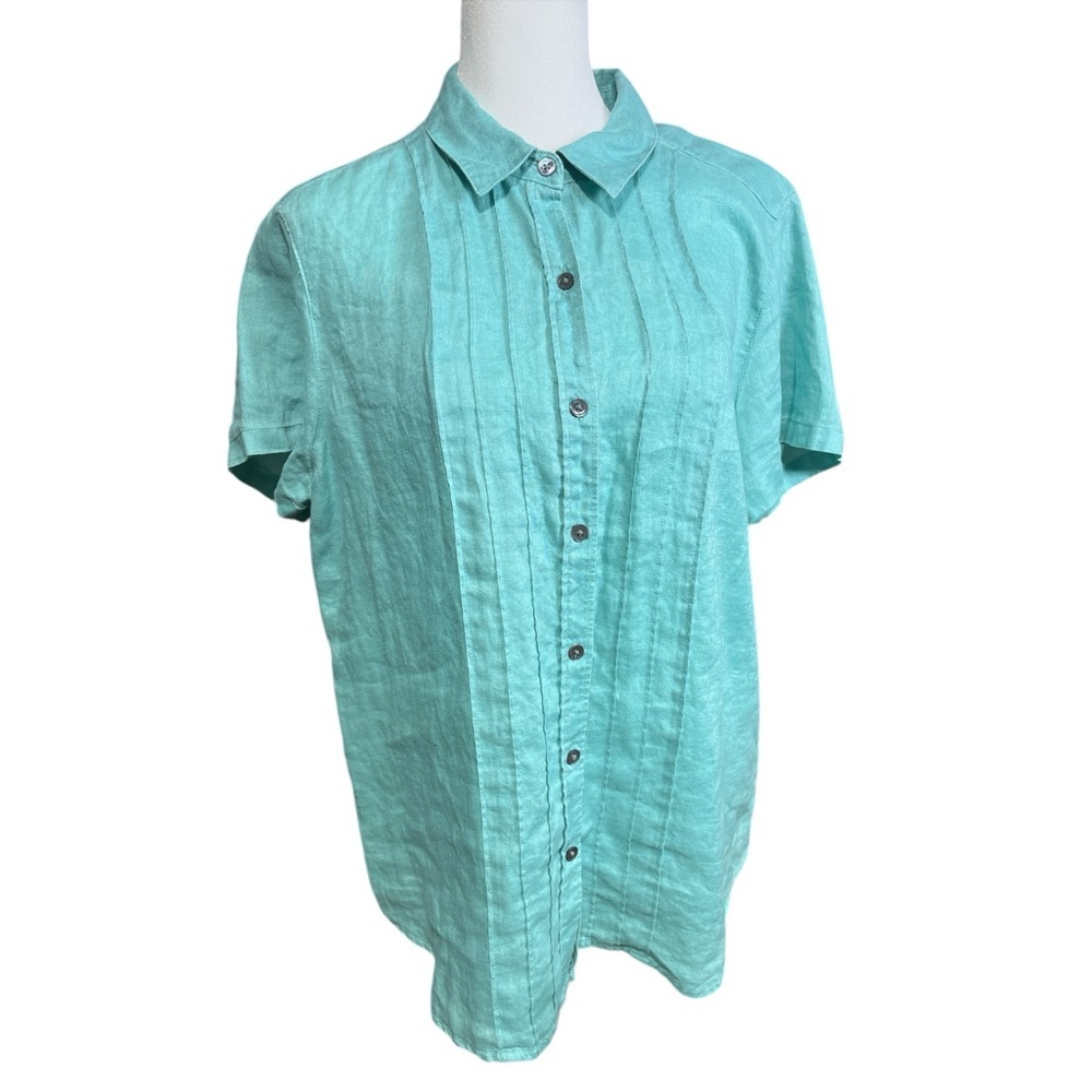 J JILL Linen Short Sleeve Button Up Blouse M‎ Casual Lagenlook Coastal Teal